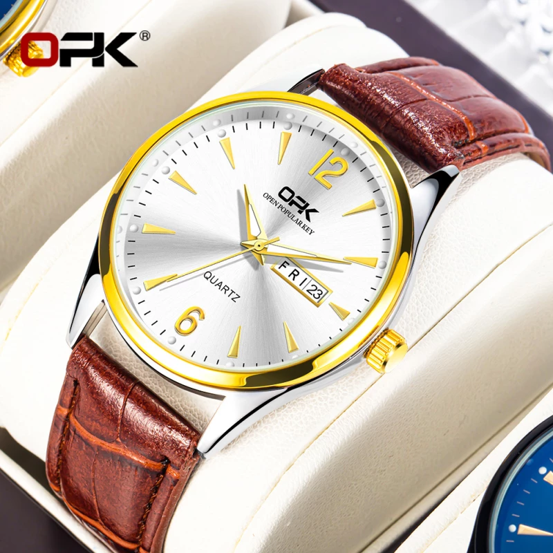 OPK Men's Fashion Quartz Watch with Two-Tone Alloy Case and Brown Leather Strap