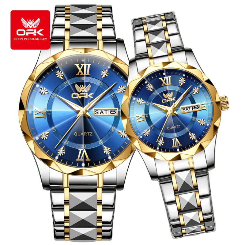 OPK His & Hers Two-Tone Alloy Quartz Watch with Blue Sunray Dial, Crystal Accents and Day-Date Display