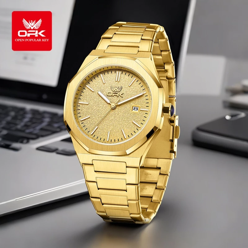 OPK Men's Gold-Tone Alloy Quartz Watch with Sandblasted Dial, Octagonal Case and Link Bracelet