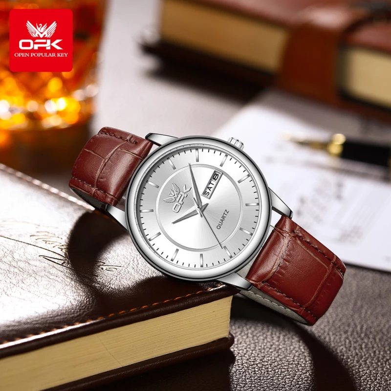 OPK Men's Silver Alloy Quartz Watch with Sunray Dial, Day-Date Display and Brown Leather Strap