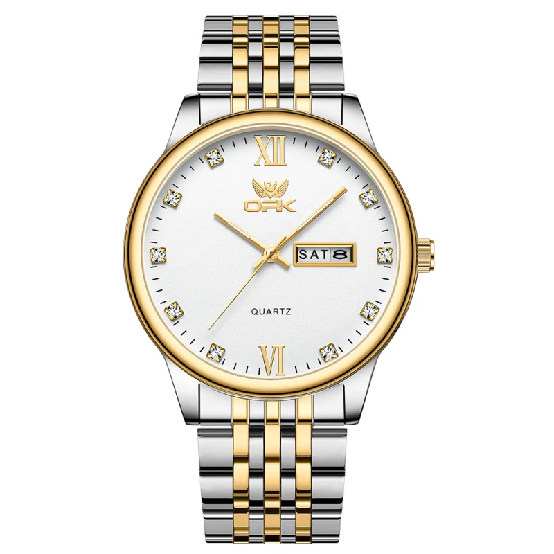 OPK Men's Fashion Quartz Watch with Two-Tone Alloy Case and Link Strap