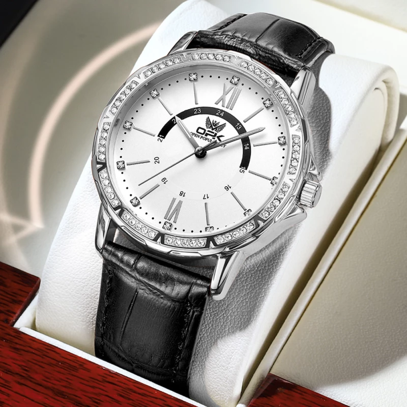 OPK Men's Fashion Quartz Watch with Silver-Toned Alloy Case and Black Leather Strap