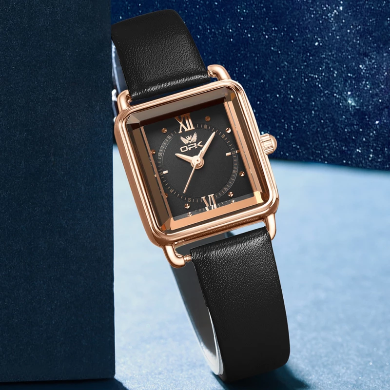OPK Unisex Rose Gold-Tone Alloy Quartz Watch with Square Black Dial and Black Leather Strap