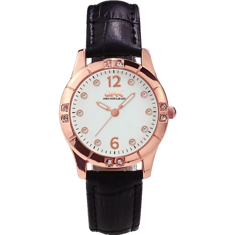 OPK Unisex Rose Gold-Tone Alloy Quartz Watch with White Dial, Crystal Accents and Black Leather Strap