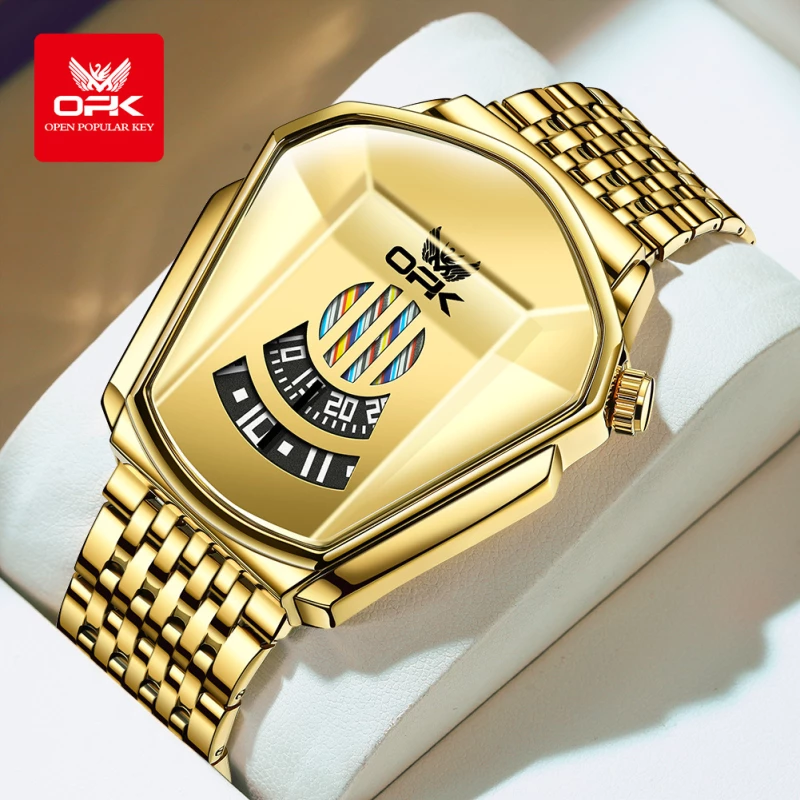 OPK Men's Gold-Tone Alloy Quartz Watch with Shield-Shaped Dial and Link Bracelet