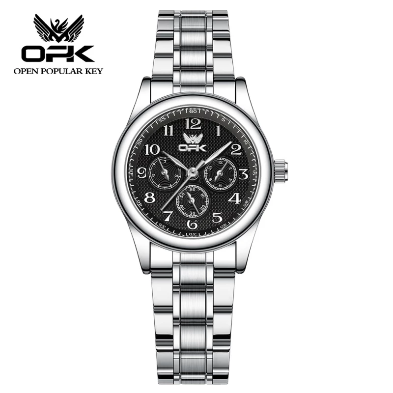 OPK Unisex Silver Alloy Quartz Watch with Black Chronograph Dial and Link Bracelet