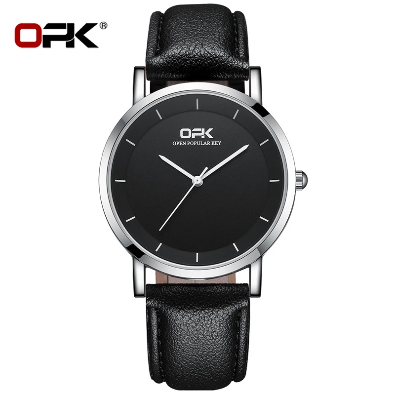 OPK Unisex Silver Alloy Quartz Watch with Black Minimalist Dial and Black Leather Strap
