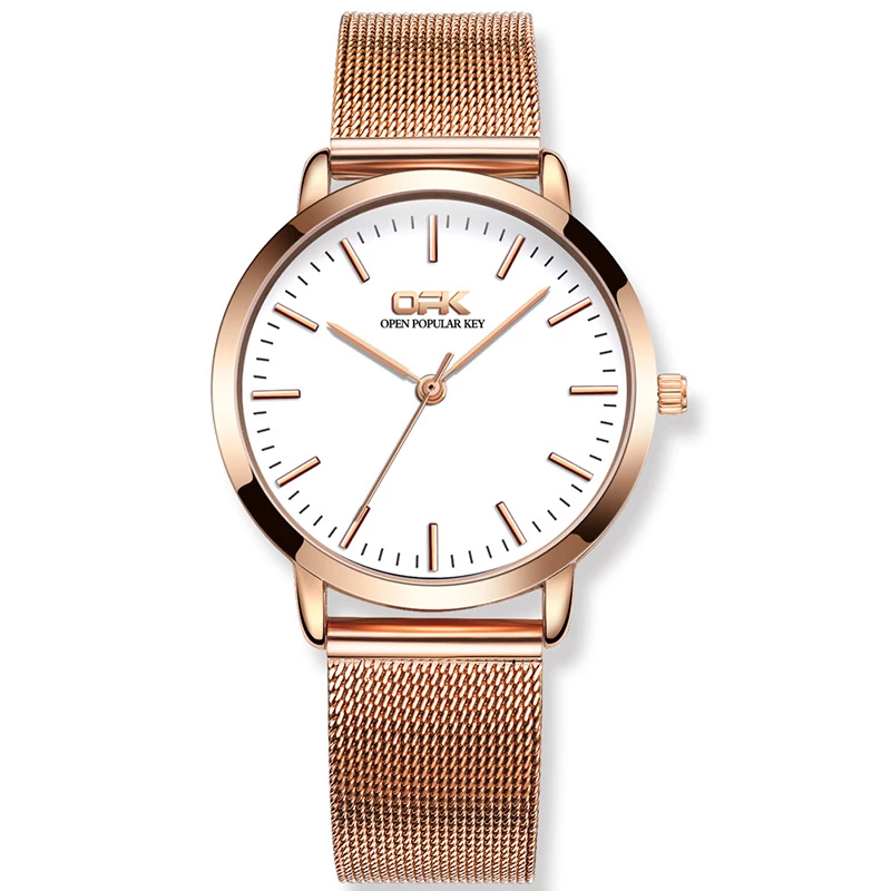 OPK Unisex Rose Gold-Tone Alloy Quartz Watch with White Minimalist Dial and Mesh Bracelet