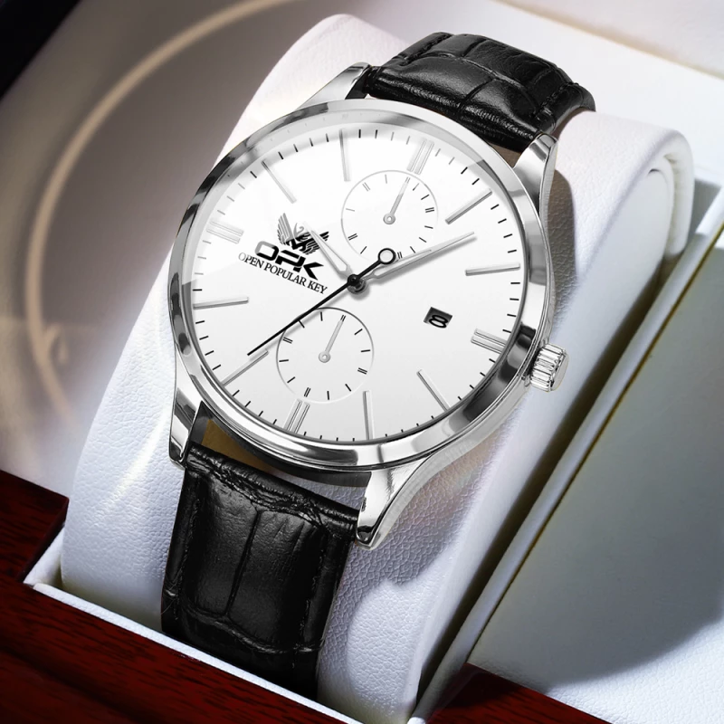 OPK Men's Silver Alloy Quartz Watch with White Chronograph Dial and Black Leather Strap