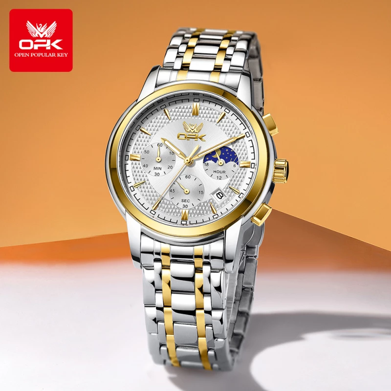 OPK Men's Two-Tone Alloy Quartz Watch with Silver Dial, Moon Phase Display and Link Bracelet