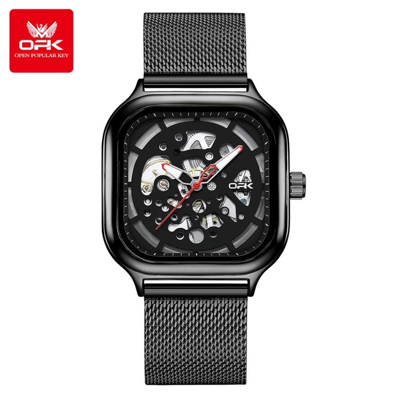 OPK Unisex Black Alloy Quartz Watch with Square Skeleton Dial and Mesh Bracelet