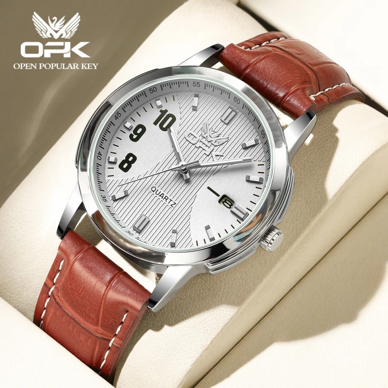 OPK Men's Silver Alloy Quartz Watch with Silver Textured Dial and Brown Leather Strap