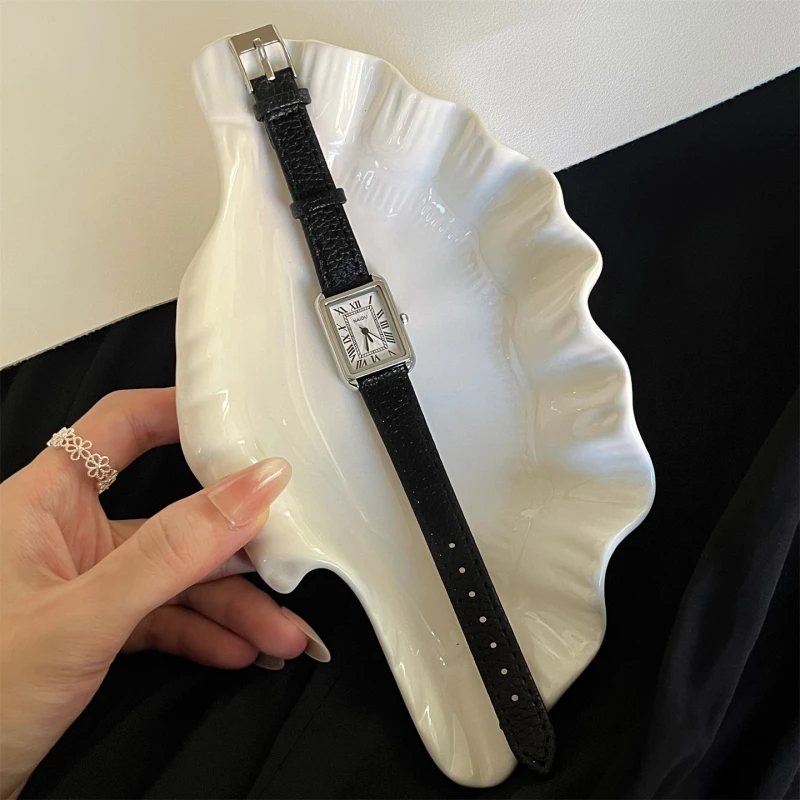 Fashion Rectangle Dial Watch with Black Leather Strap and Roman Numerals