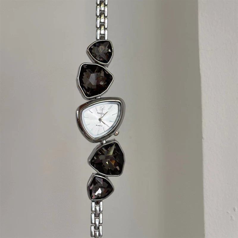 NAIDU Fashion Irregular Dial Watch with Silver-tone Alloy Bracelet and Dark Crystal Accents