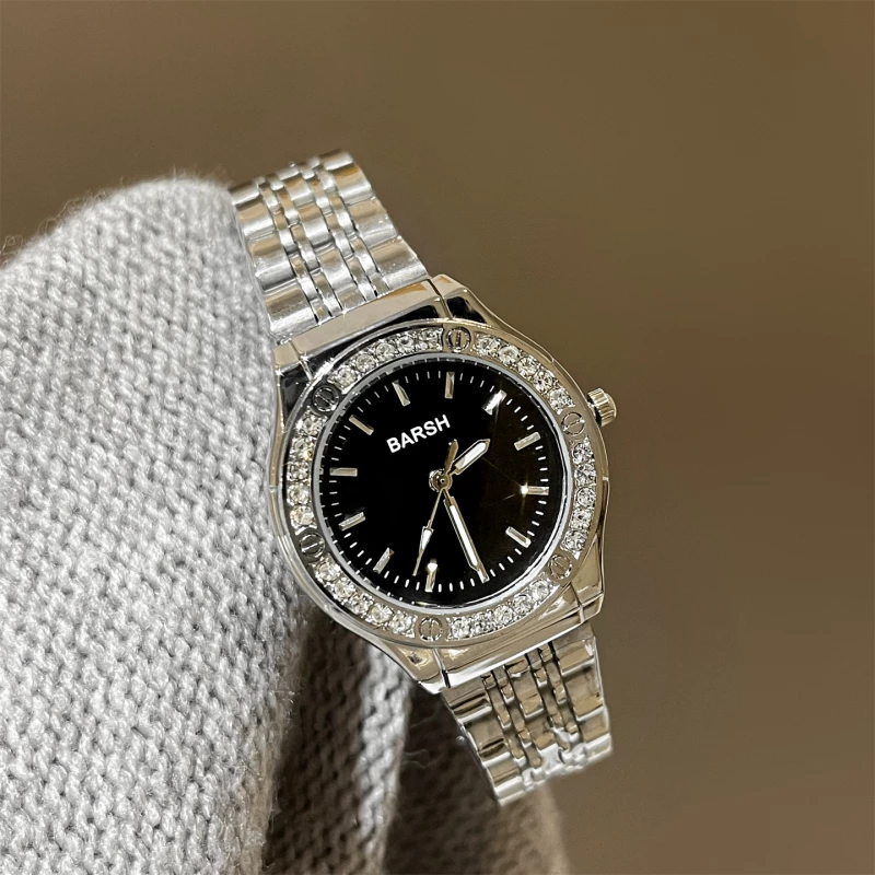 BARSH Unisex Silver Alloy Quartz Watch with Black Dial, Crystal Accents and Link Bracelet