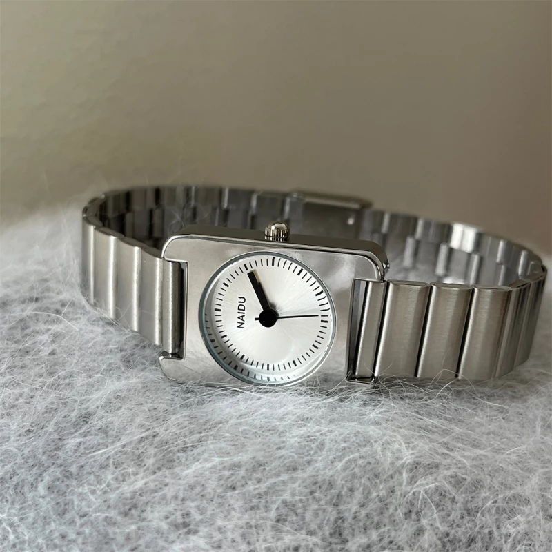 NAIDU Unisex Silver Alloy Quartz Watch with Round Sunray Dial and Rectangular Case