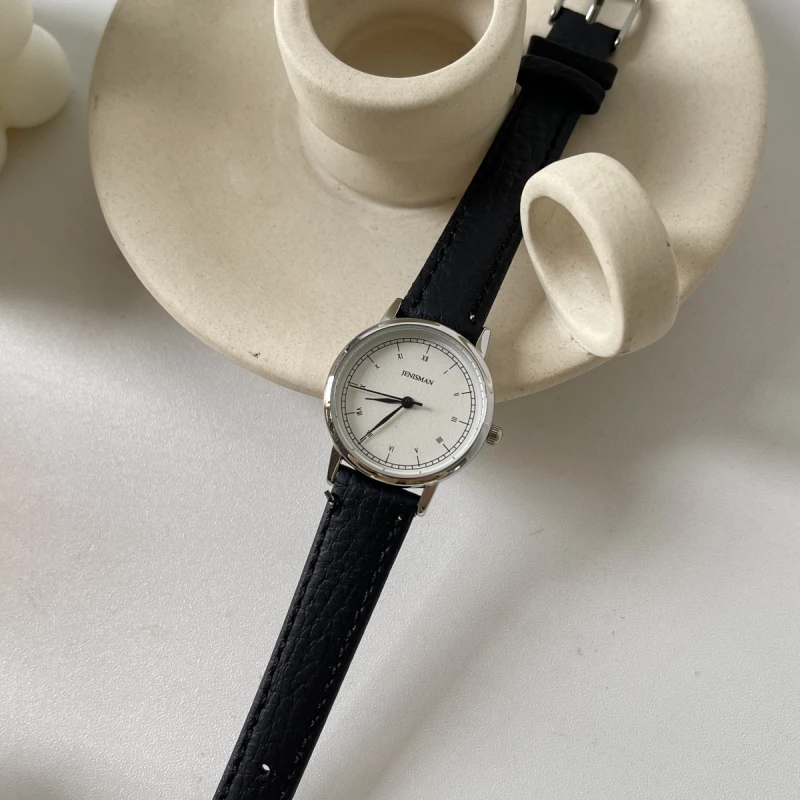 JENSMAN Unisex Silver Alloy Quartz Watch with Round White Dial and Black Leather Strap