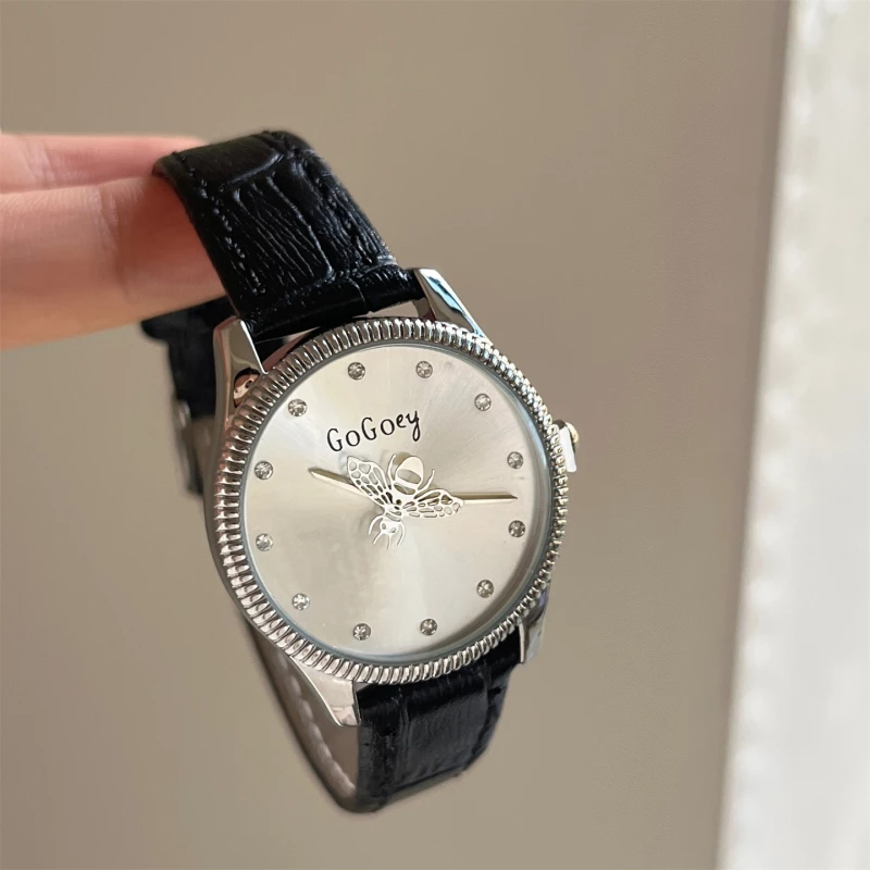 GoGoey Butterfly Detail Round Dial Black Leather Strap Fashion Watch