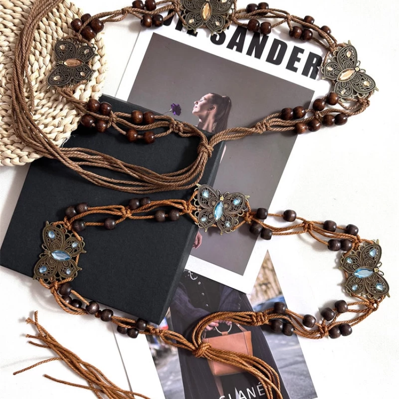 Women's Boho Beaded Fabric Tie Belt with Filigree Accents