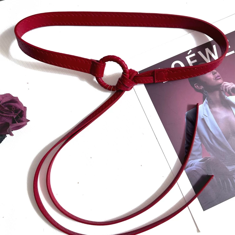 Women's Leather Tie Belt with Woven Detail