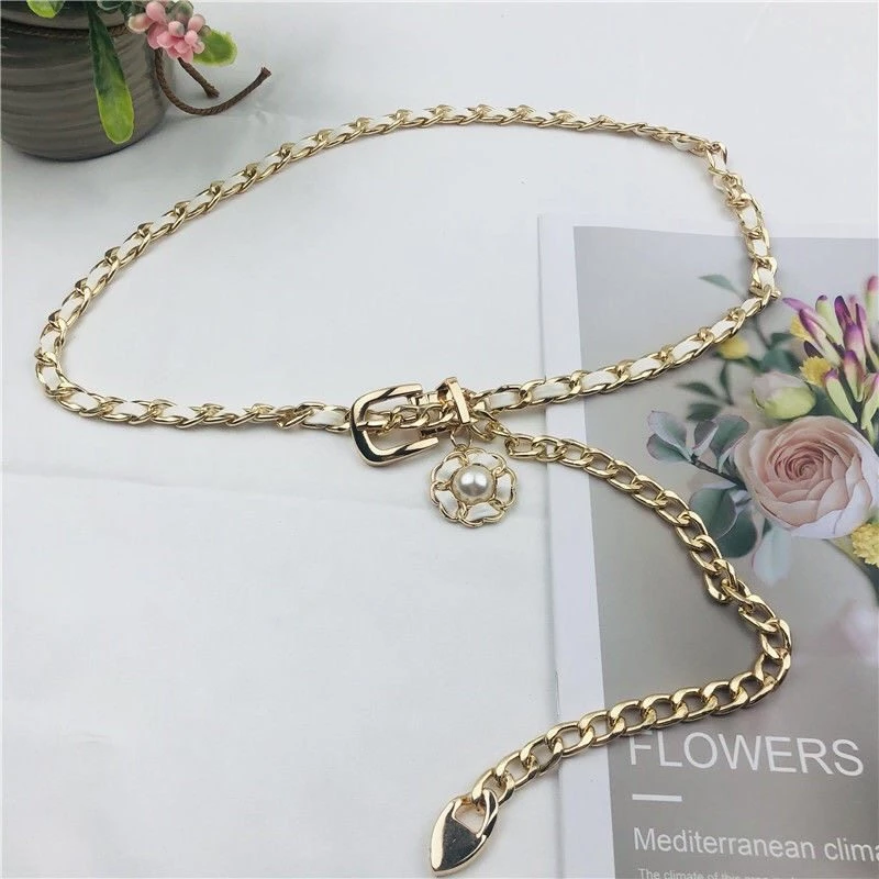 Women's Leather-Trimmed Chain Belt with Pearl Accent