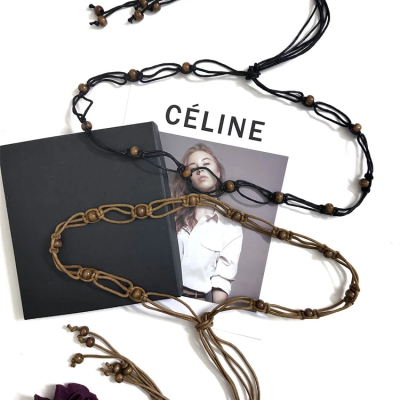 Women's Beaded Fabric Tie Belt