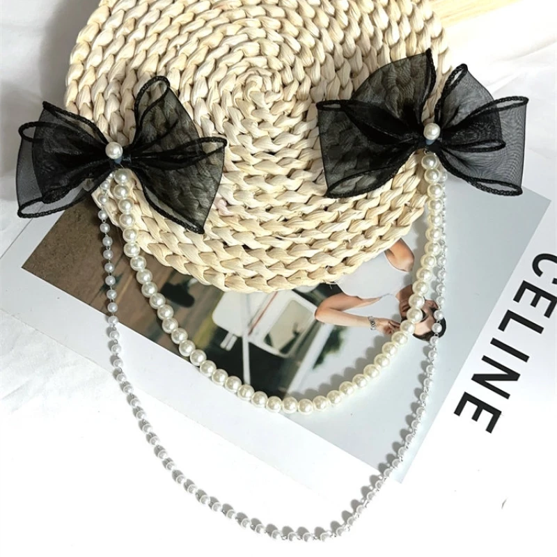 Women's Double-Layered Pearl and Chain Belt with Tulle Bow Accents