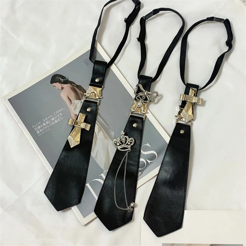 Women's Faux Leather Tie with Crown Accent