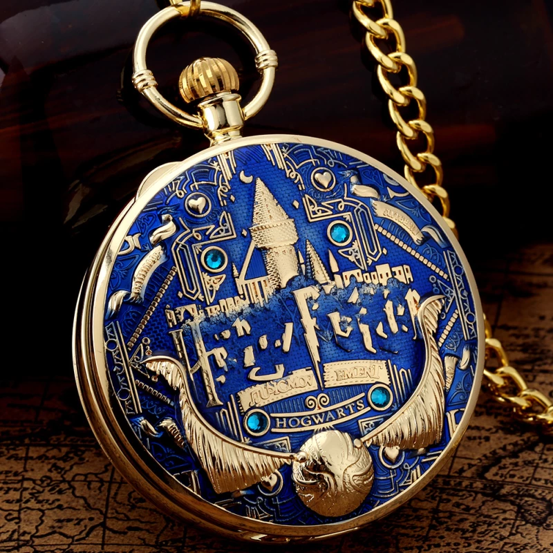 Harry Potter Hogwarts Themed Pocket Watch with Blue Enamel and Gold-tone Alloy Case