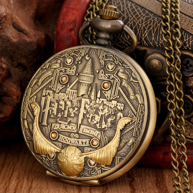 Harry Potter Hogwarts Themed Pocket Watch with Antique Bronze-tone Alloy Case and Golden Snitch Detail