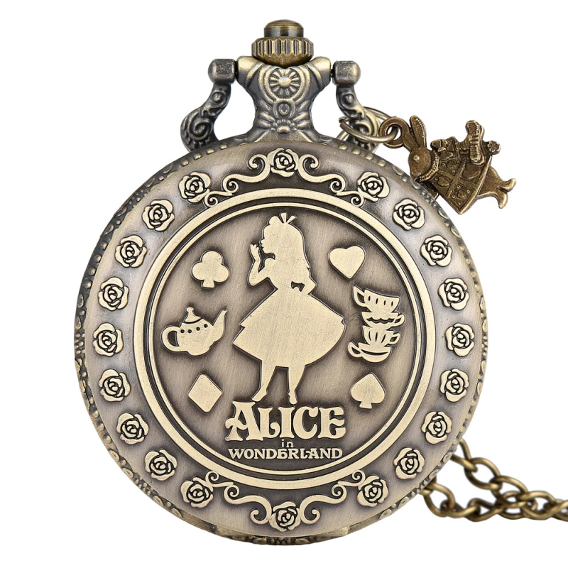 Alice in Wonderland Vintage Bronze Engraved Pocket Watch with Rabbit Charm