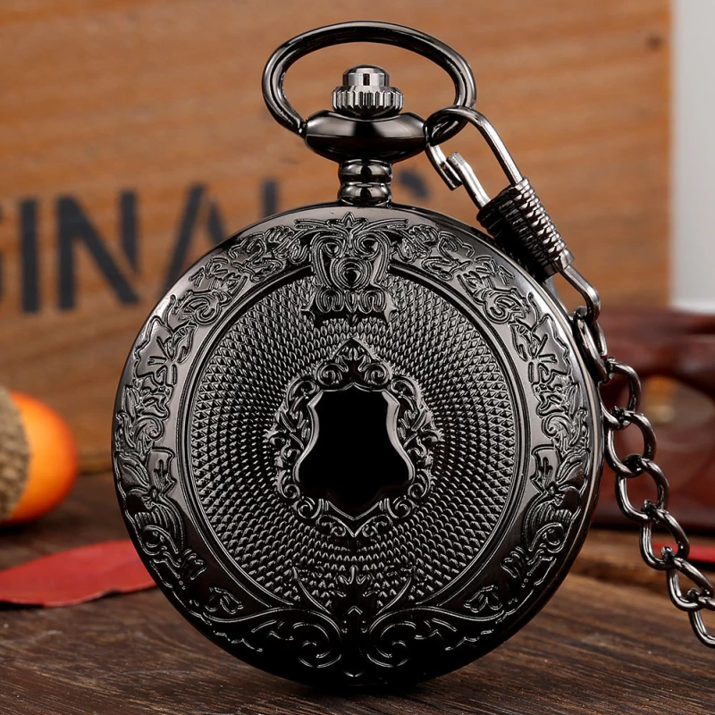 Vintage Black Engraved Pocket Watch with Chain