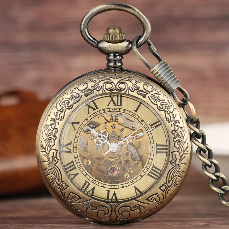 Vintage Bronze Skeleton Mechanical Pocket Watch with Chain