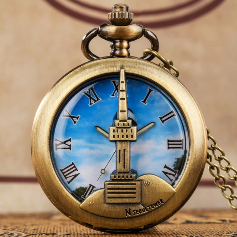 Vintage Bronze N Seoul Tower Pocket Watch with Chain