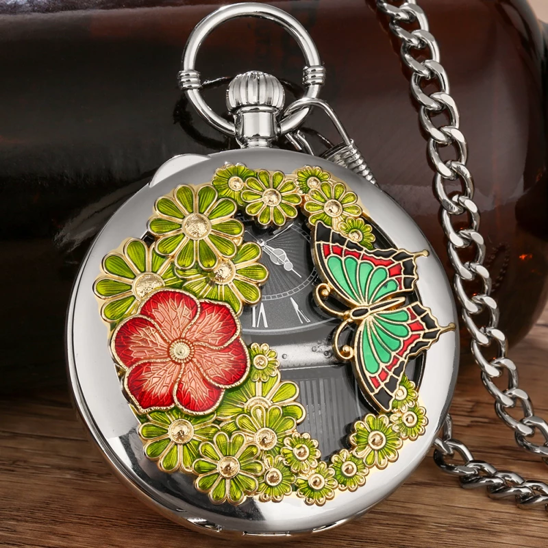 Alloy Pocket Watch with Enamel Floral and Butterfly Design