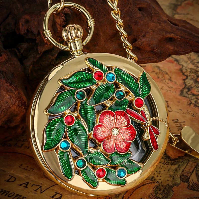 Gold-Tone Alloy Pocket Watch with Enamel Floral, Dragonfly, and Crystal Design