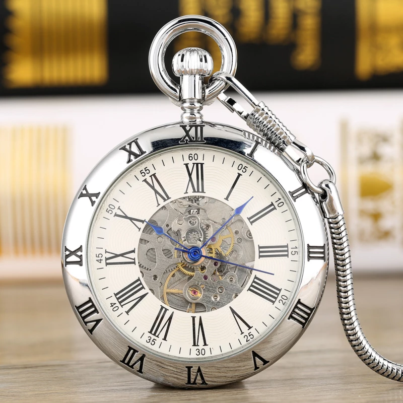 Silver-tone Mechanical Pocket Watch with Skeleton Dial and Roman Numerals