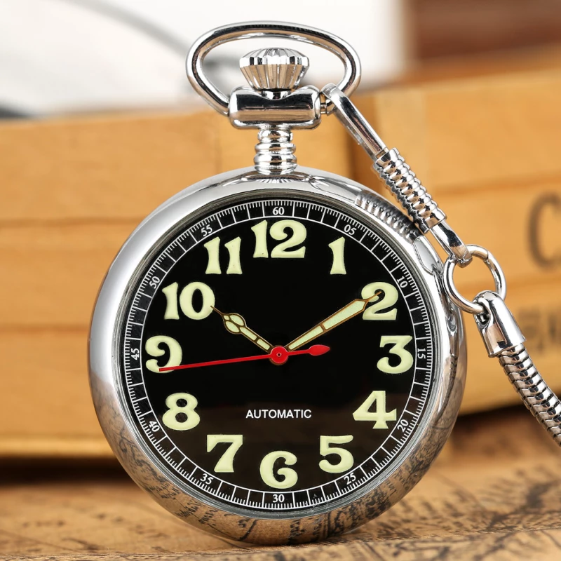 Silver-tone Automatic Pocket Watch with Glow-in-the-Dark Dial