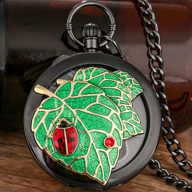 Black Alloy Pocket Watch with Enamel Leaf, Ladybug, and Crystal Design