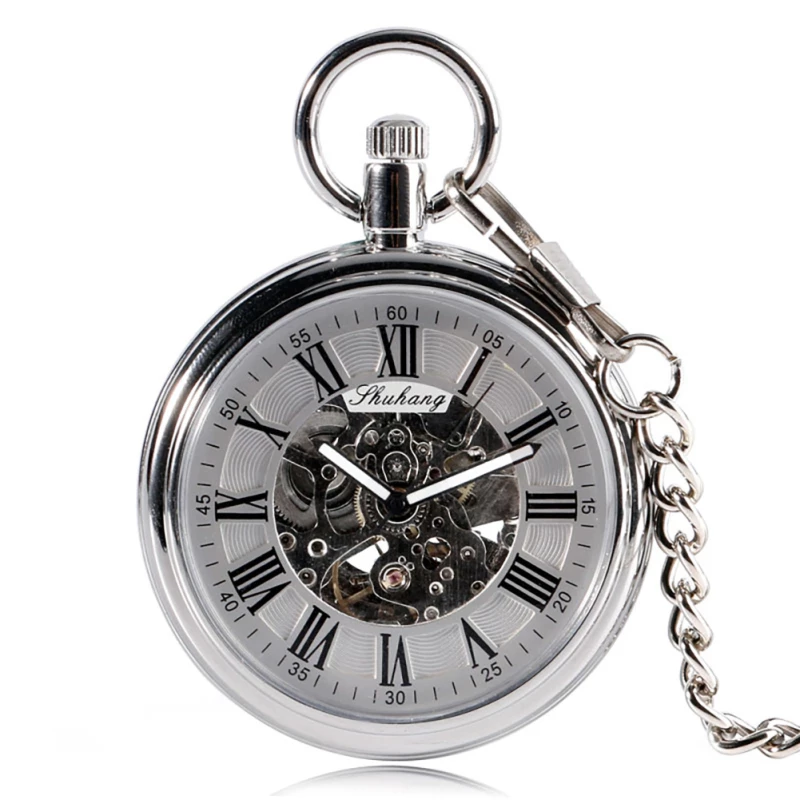 Shuhang Silver-tone Skeleton Mechanical Pocket Watch with Roman Numerals