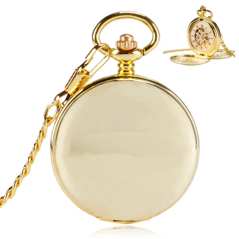 Gold-Tone Double Hunter Skeleton Mechanical Pocket Watch with Chain