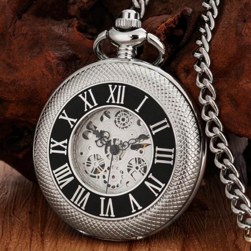 Silver-tone Skeleton Mechanical Pocket Watch with Black Roman Numeral Bezel