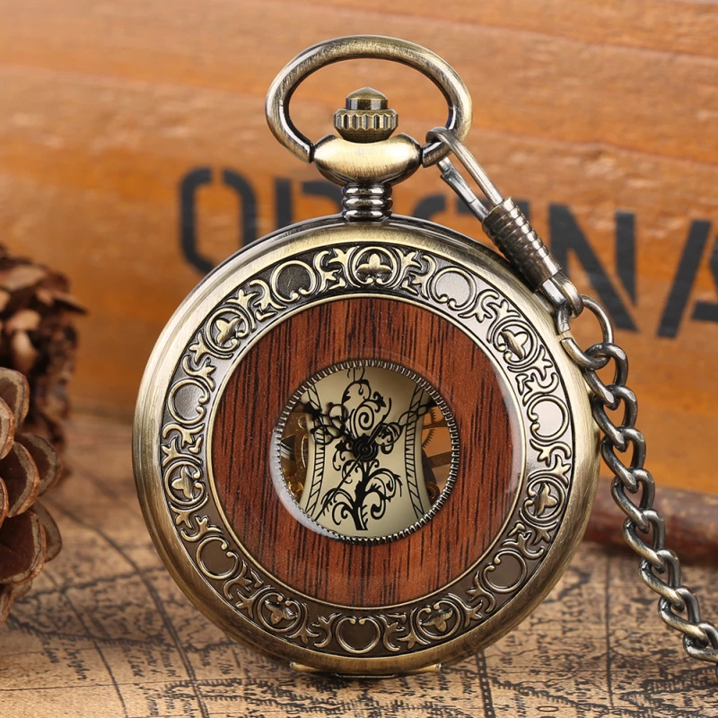 Antique Bronze-tone Pocket Watch with Wood Grain Inlay and Openwork Detail