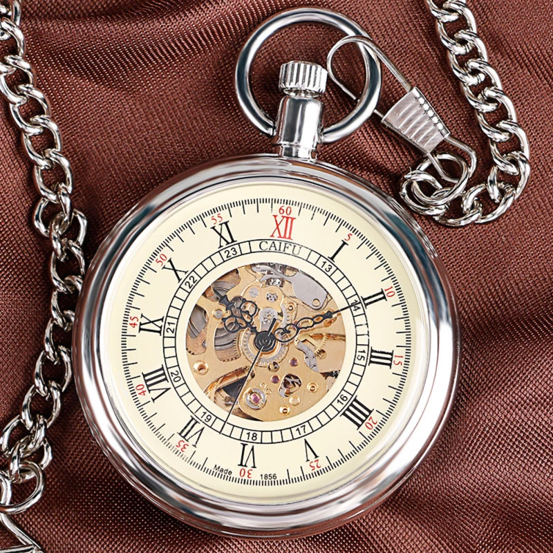 Silver-tone CAIFU Skeleton Mechanical Pocket Watch with Roman Numerals