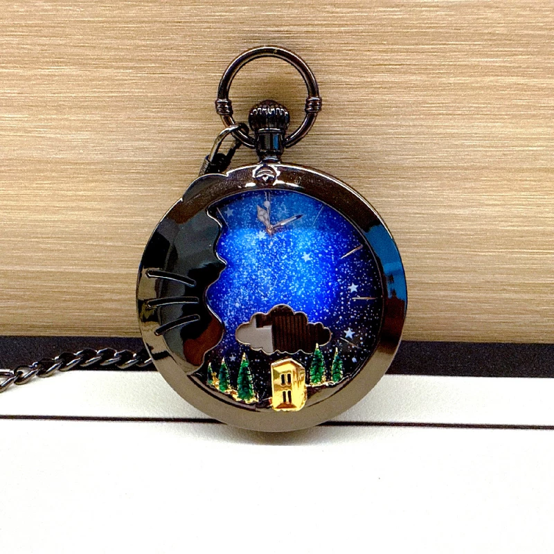 Black Alloy Pocket Watch with Starry Sky Dial and Enamel Landscape Design