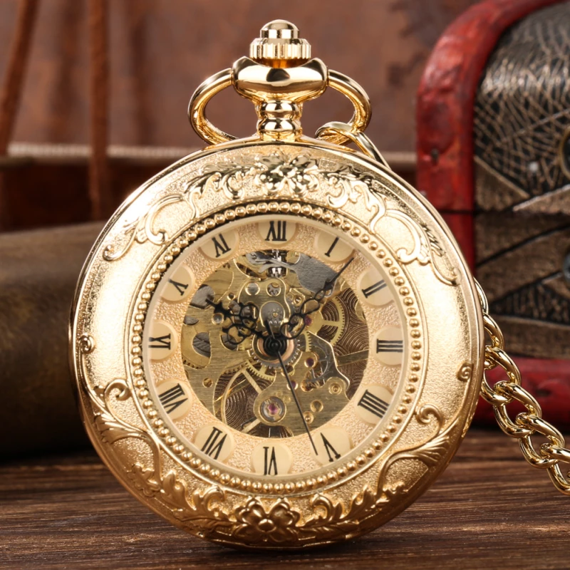 Gold-Tone Skeleton Mechanical Pocket Watch with Chain