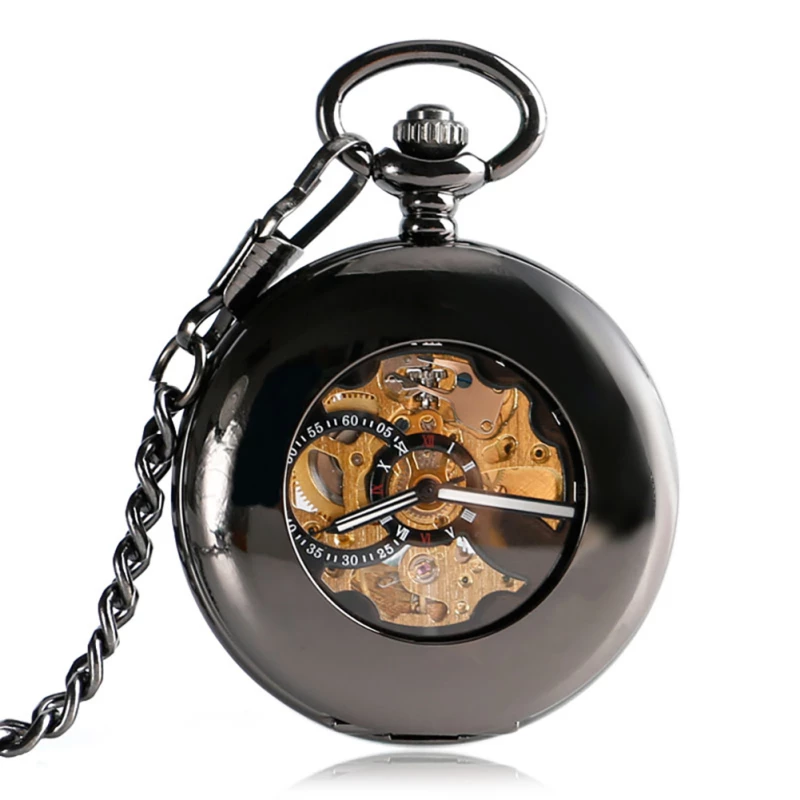 Gunmetal-tone Skeleton Mechanical Pocket Watch with Golden Movement