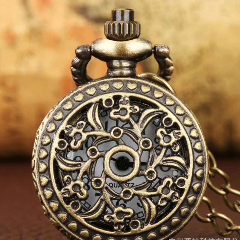 Vintage Bronze Filigree Openwork Pendant Pocket Watch with Chain