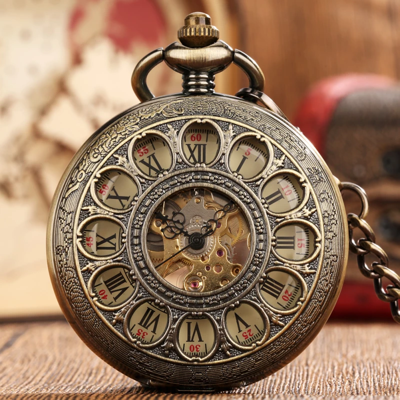 Vintage Bronze Skeleton Mechanical Pocket Watch with Chain