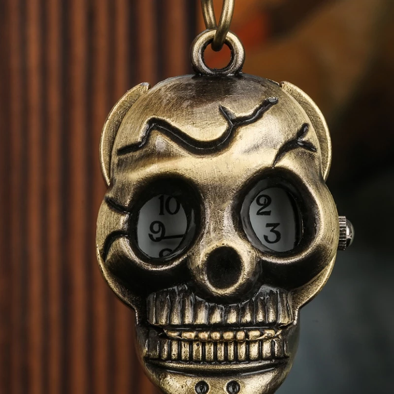 Vintage Bronze Skull Pendant Pocket Watch with Chain